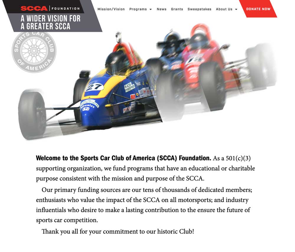 SCCA Foundation desktop website
